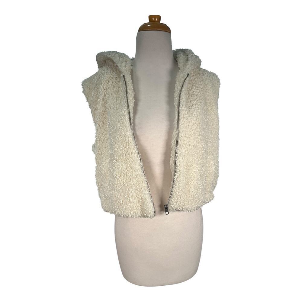 Double Zero L Cream Sherpa Teddy Hooded Vest Cozy Fall Winter Zip Up Ski Resort
